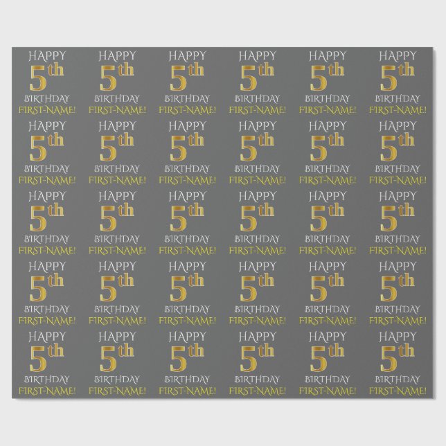 Gray, Faux Gold "HAPPY 5th BIRTHDAY" Wrapping Paper (Flat)
