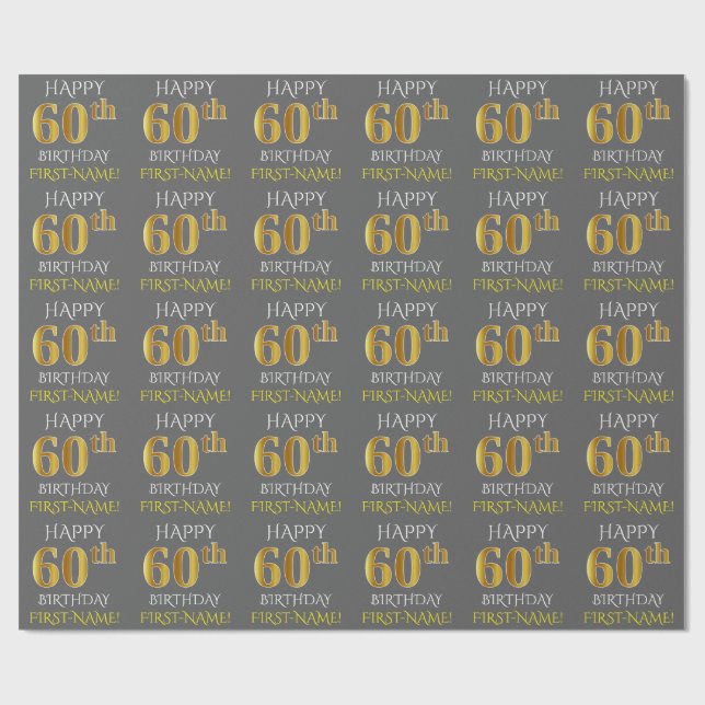 Gray, Faux Gold "HAPPY 60th BIRTHDAY" Wrapping Paper (Flat)