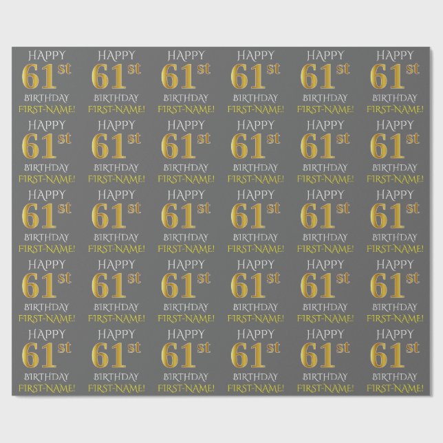 Gray, Faux Gold "HAPPY 61st BIRTHDAY" Wrapping Paper (Flat)