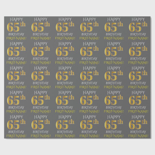 Gray, Faux Gold "HAPPY 65th BIRTHDAY" Wrapping Paper (Flat)