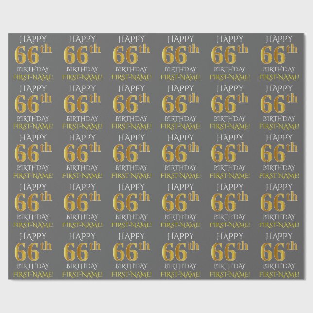 Gray, Faux Gold "HAPPY 66th BIRTHDAY" Wrapping Paper (Flat)