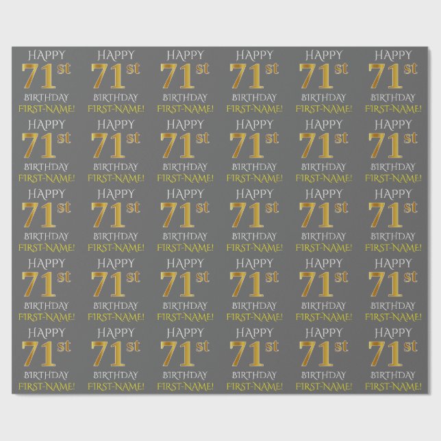Gray, Faux Gold "HAPPY 71st BIRTHDAY" Wrapping Paper (Flat)