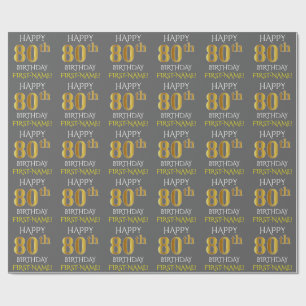 Gray, Faux Gold "HAPPY 80th BIRTHDAY" Wrapping Paper