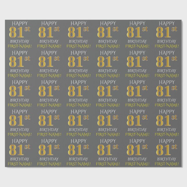 Gray, Faux Gold "HAPPY 81st BIRTHDAY" Wrapping Paper (Flat)