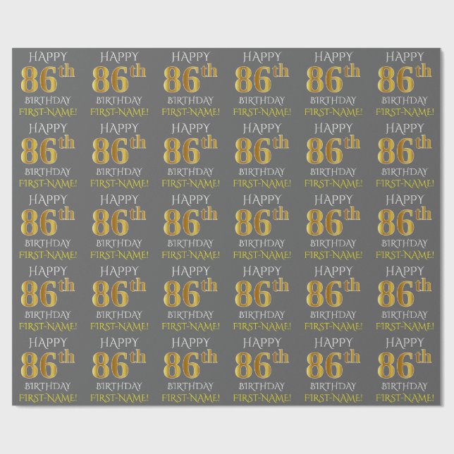 Gray, Faux Gold "HAPPY 86th BIRTHDAY" Wrapping Paper (Flat)