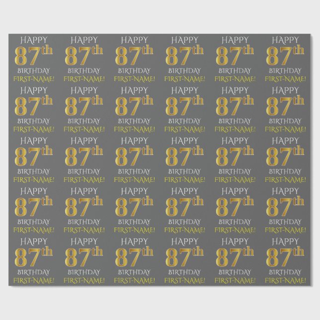 Gray, Faux Gold "HAPPY 87th BIRTHDAY" Wrapping Paper (Flat)