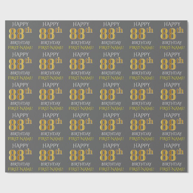 Gray, Faux Gold "HAPPY 88th BIRTHDAY" Wrapping Paper (Flat)