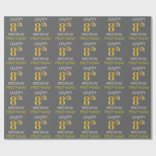 Gray, Faux Gold "HAPPY 8th BIRTHDAY" Wrapping Paper