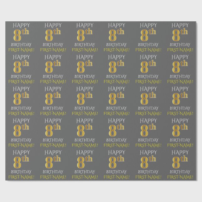 Gray, Faux Gold "HAPPY 8th BIRTHDAY" Wrapping Paper (Flat)