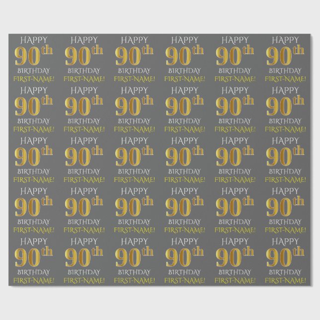 Gray, Faux Gold "HAPPY 90th BIRTHDAY" Wrapping Paper (Flat)