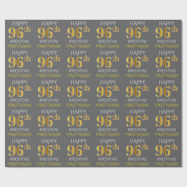 Gray, Faux Gold "HAPPY 96th BIRTHDAY" Wrapping Paper (Flat)