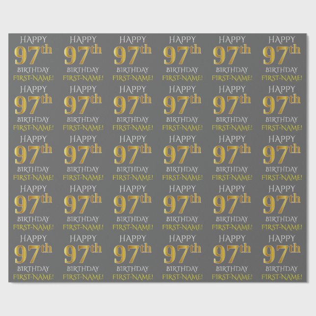 Gray, Faux Gold "HAPPY 97th BIRTHDAY" Wrapping Paper (Flat)