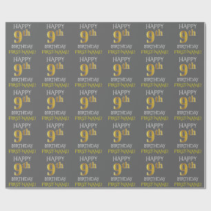 Gray, Faux Gold "HAPPY 9th BIRTHDAY" Wrapping Paper