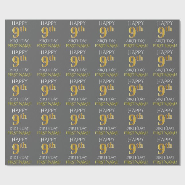 Gray, Faux Gold "HAPPY 9th BIRTHDAY" Wrapping Paper (Flat)