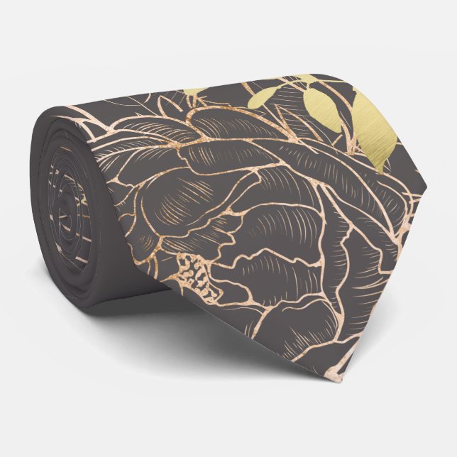 Gray & Faux Gold Peony Modern Floral Wedding Neck Tie (Rolled)
