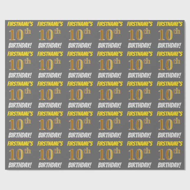 Gray, Faux/Imitation Gold, "10th BIRTHDAY" Wrapping Paper (Flat)