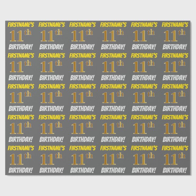 Gray, Faux/Imitation Gold, "11th BIRTHDAY" Wrapping Paper (Flat)