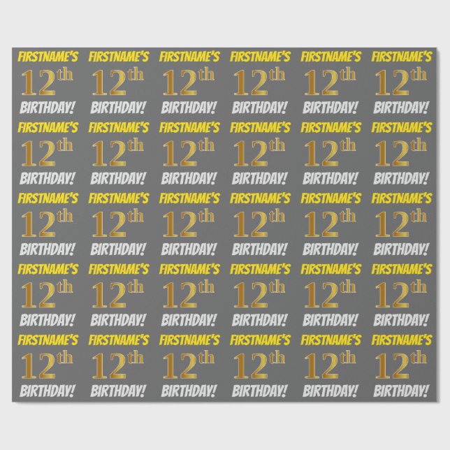 Gray, Faux/Imitation Gold, "12th BIRTHDAY" Wrapping Paper (Flat)