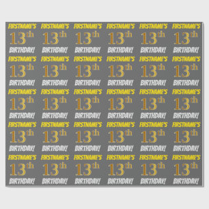 Gray, Faux/Imitation Gold, "13th BIRTHDAY" Wrapping Paper