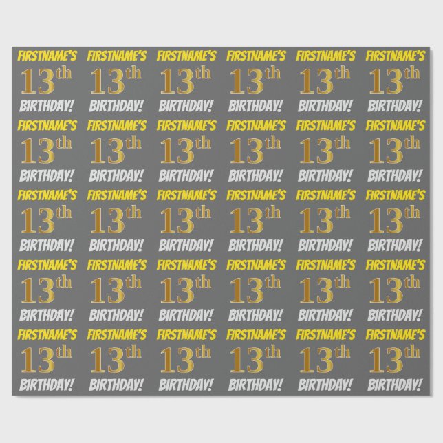Gray, Faux/Imitation Gold, "13th BIRTHDAY" Wrapping Paper (Flat)