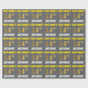 Gray, Faux/Imitation Gold, "14th BIRTHDAY" Wrapping Paper