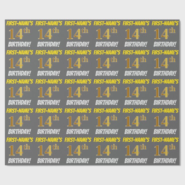 Gray, Faux/Imitation Gold, "14th BIRTHDAY" Wrapping Paper (Flat)