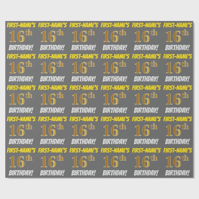 Gray, Faux/Imitation Gold, "16th BIRTHDAY" Wrapping Paper (Flat)