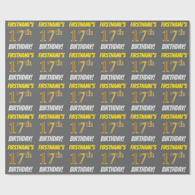 Gray, Faux/Imitation Gold, "17th BIRTHDAY" Wrapping Paper (Flat)