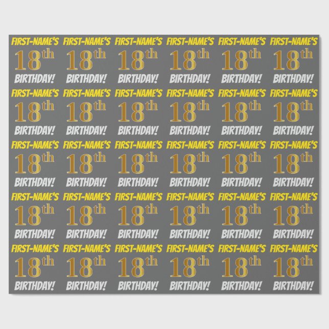 Gray, Faux/Imitation Gold, "18th BIRTHDAY" Wrapping Paper (Flat)