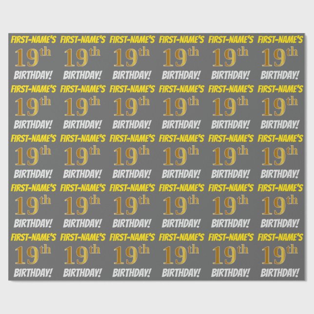 Gray, Faux/Imitation Gold, "19th BIRTHDAY" Wrapping Paper (Flat)