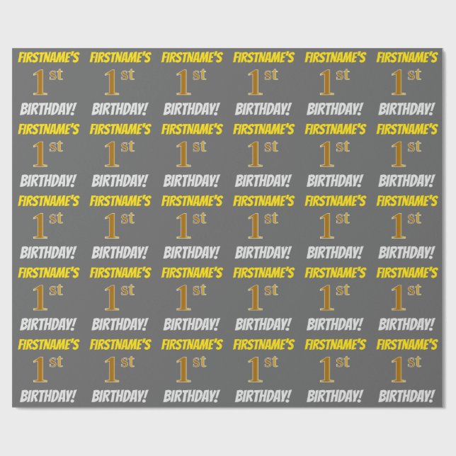 Gray, Faux/Imitation Gold, "1st BIRTHDAY" Wrapping Paper (Flat)