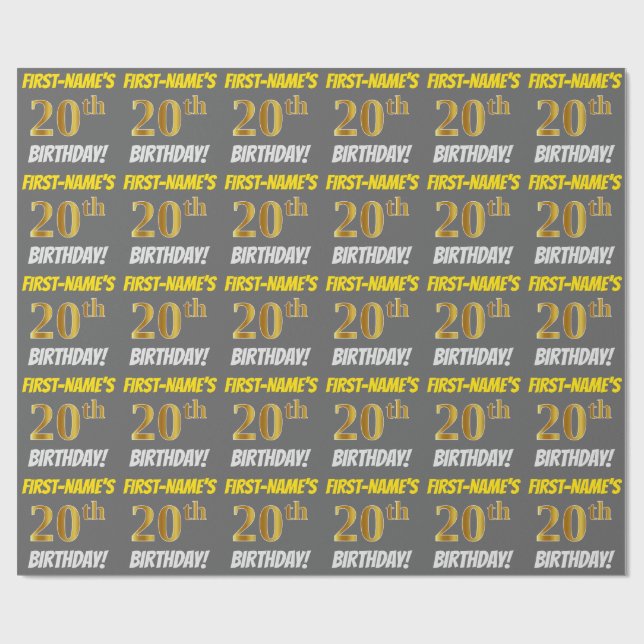 Gray, Faux/Imitation Gold, "20th BIRTHDAY" Wrapping Paper (Flat)