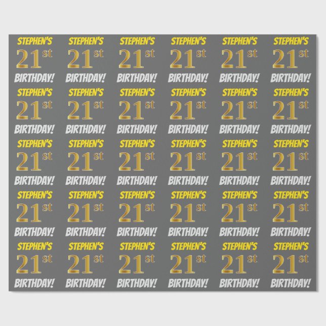 Gray, Faux/Imitation Gold, "21st BIRTHDAY" Wrapping Paper (Flat)