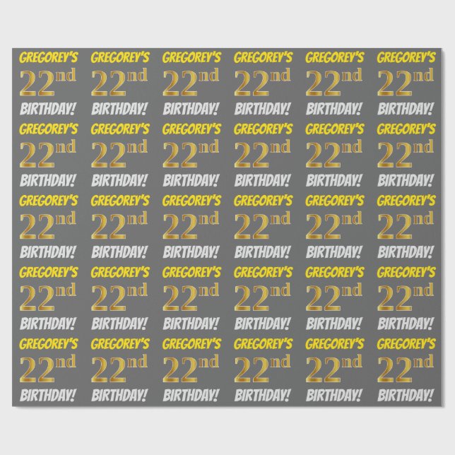 Gray, Faux/Imitation Gold, "22nd BIRTHDAY" Wrapping Paper (Flat)