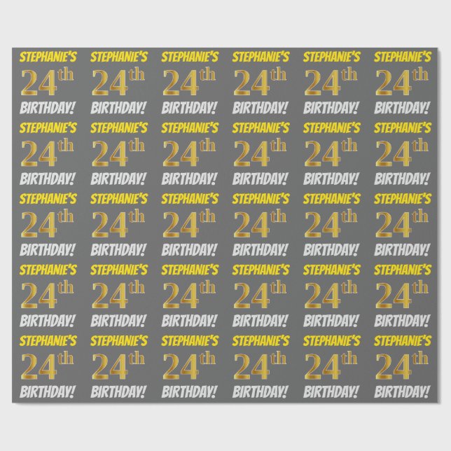 Gray, Faux/Imitation Gold, "24th BIRTHDAY" Wrapping Paper (Flat)