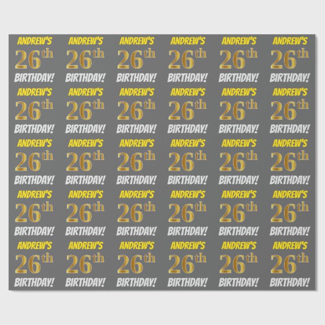 Gray, Faux/Imitation Gold, "26th BIRTHDAY" Wrapping Paper (Flat)