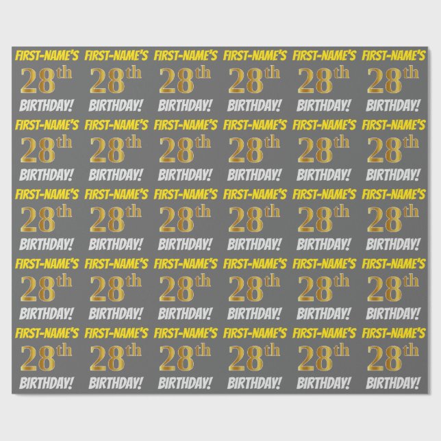 Gray, Faux/Imitation Gold, "28th BIRTHDAY" Wrapping Paper (Flat)