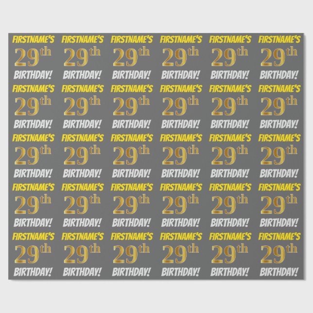Gray, Faux/Imitation Gold, "29th BIRTHDAY" Wrapping Paper (Flat)