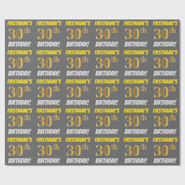 Gray, Faux/Imitation Gold, "30th BIRTHDAY" Wrapping Paper (Flat)