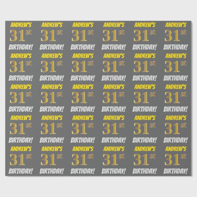 Gray, Faux/Imitation Gold, "31st BIRTHDAY" Wrapping Paper (Flat)