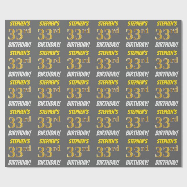 Gray, Faux/Imitation Gold, "33rd BIRTHDAY" Wrapping Paper (Flat)