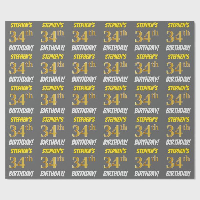 Gray, Faux/Imitation Gold, "34th BIRTHDAY" Wrapping Paper (Flat)