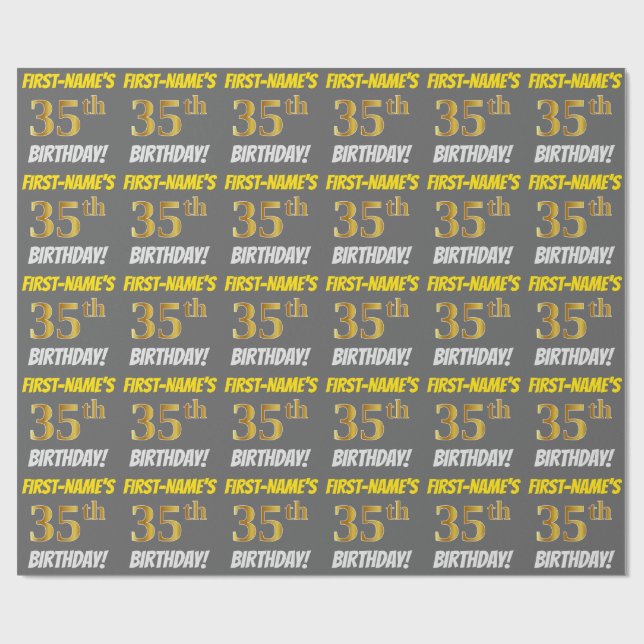Gray, Faux/Imitation Gold, "35th BIRTHDAY" Wrapping Paper (Flat)