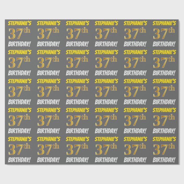 Gray, Faux/Imitation Gold, "37th BIRTHDAY" Wrapping Paper (Flat)