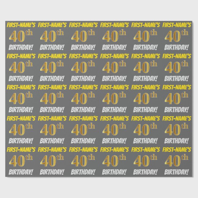 Gray, Faux/Imitation Gold, "40th BIRTHDAY" Wrapping Paper (Flat)