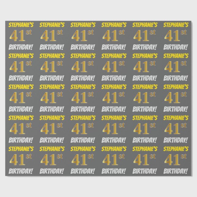 Gray, Faux/Imitation Gold, "41st BIRTHDAY" Wrapping Paper (Flat)