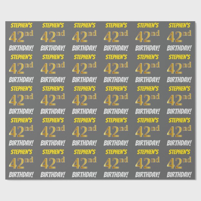 Gray, Faux/Imitation Gold, "42nd BIRTHDAY" Wrapping Paper (Flat)