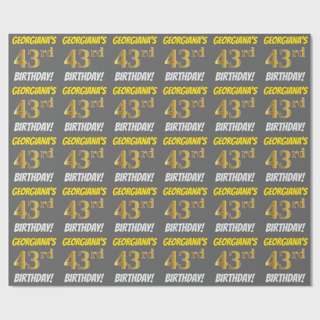 Gray, Faux/Imitation Gold, "43rd BIRTHDAY" Wrapping Paper (Flat)