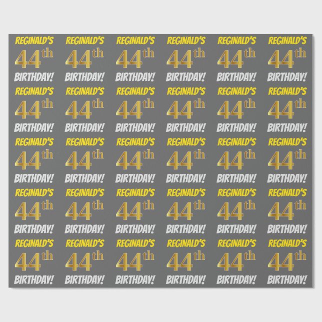 Gray, Faux/Imitation Gold, "44th BIRTHDAY" Wrapping Paper (Flat)