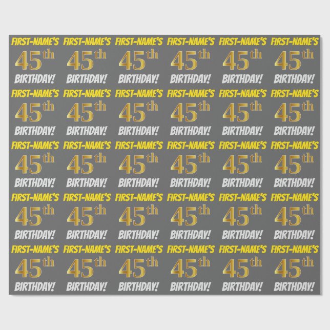 Gray, Faux/Imitation Gold, "45th BIRTHDAY" Wrapping Paper (Flat)
